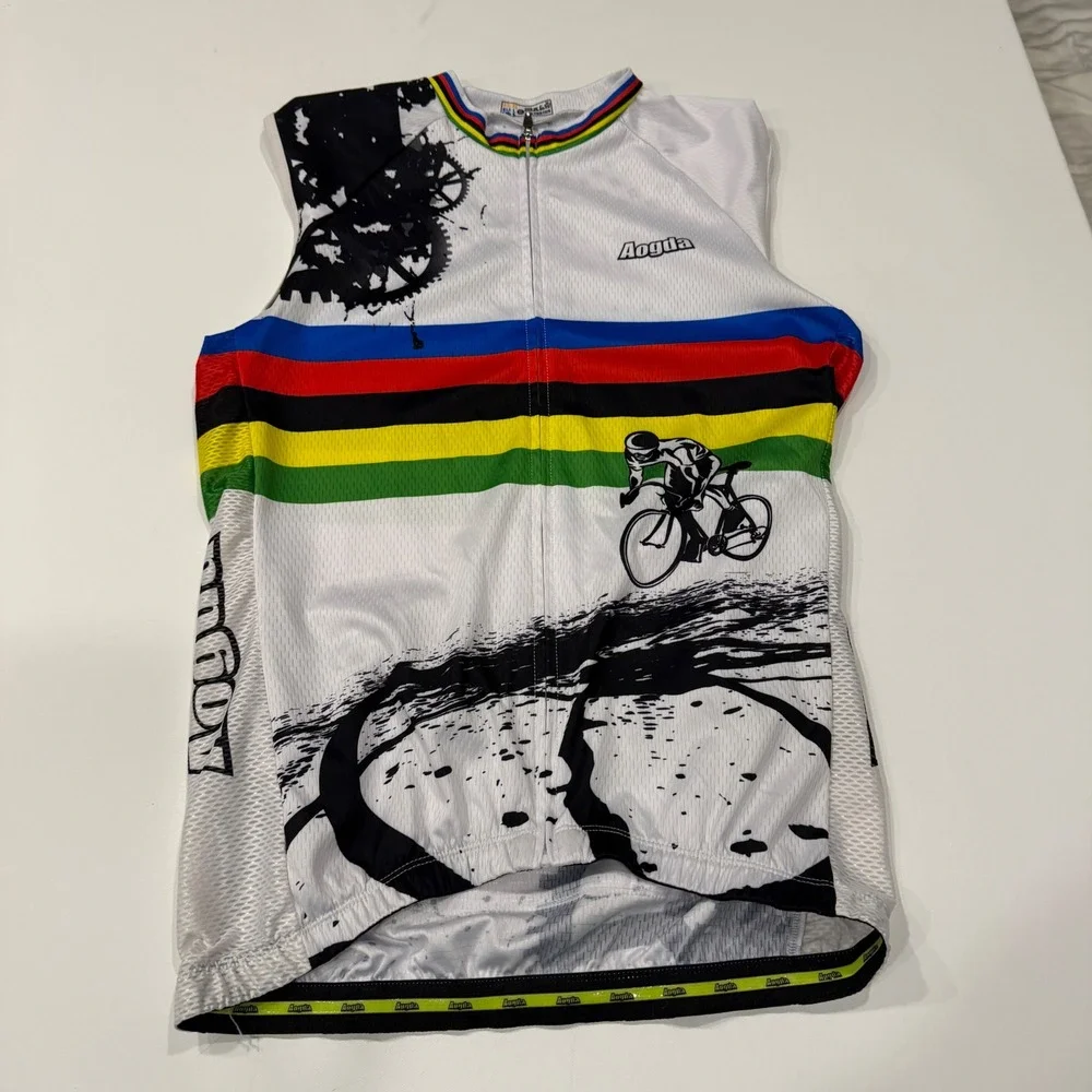 Aogda Men's L Cycling Jersey Sleeveless Rainbow Stripe Full Zip Road Bike Y2K